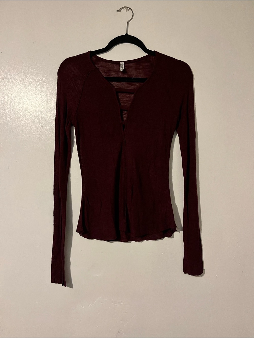 Free People Long-Sleeve V-Neck Tee in Deep Wine
